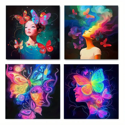4pcs Glowing ButterflyWall Art Canvas Framed