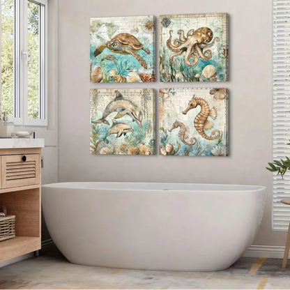 4pcs Watercolor Octopus, Seahorse & Jellyfish Wall Art Canvas Framed