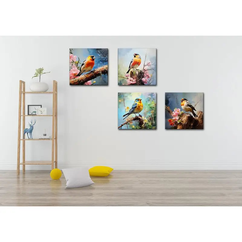 4pcs Colorful Birds With Flowers Wall Art Canvas Framed