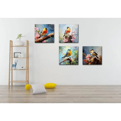 4pcs Colorful Birds With Flowers Wall Art Canvas Framed