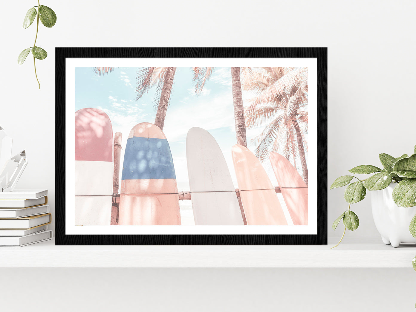 Surf Boards & Palm Trees Beach Faded Photograph Glass Framed Wall Art, Ready to Hang Quality Print With White Border Black