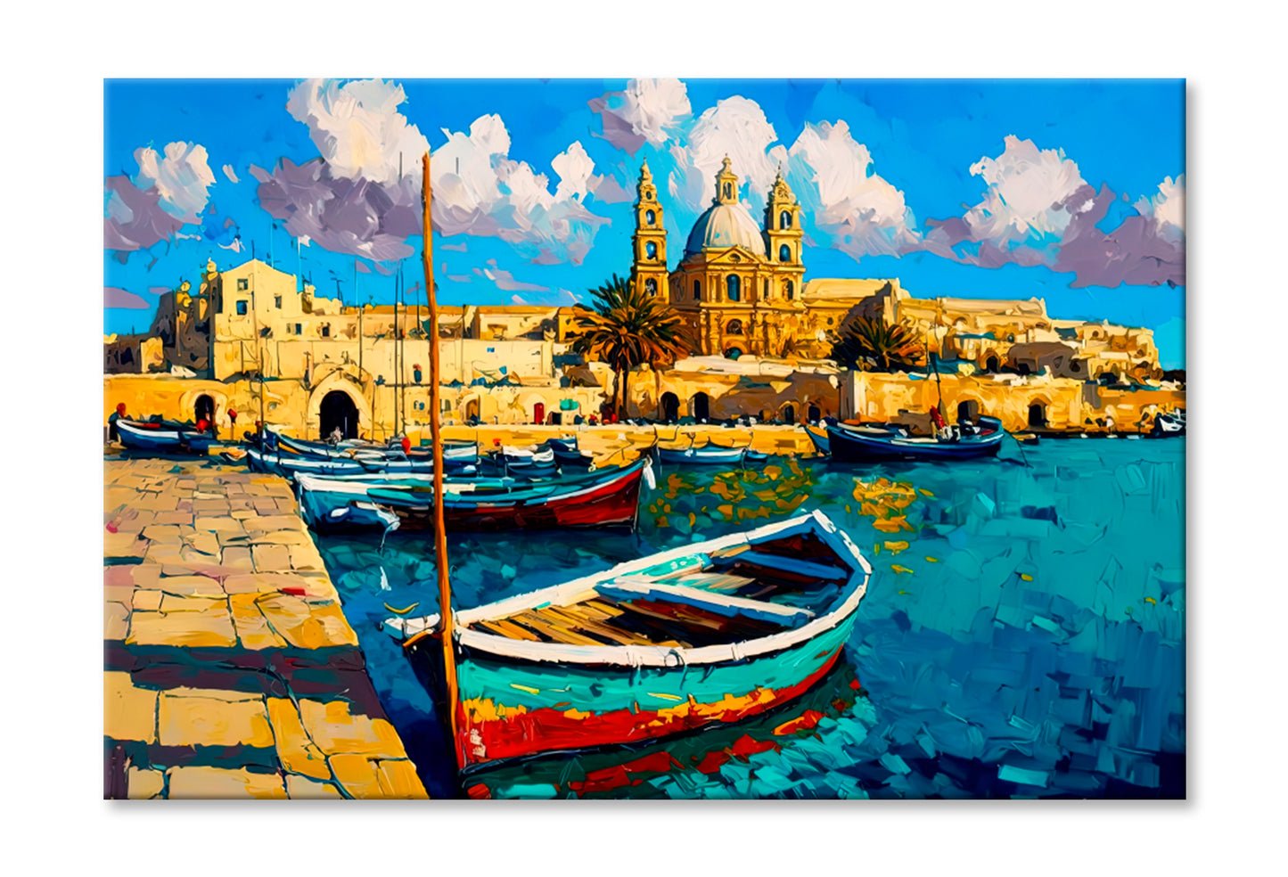 Cityscape View From Marsaxlokk, Malta Oil Painting Wall Art Limited Edition High Quality Print Stretched Canvas None