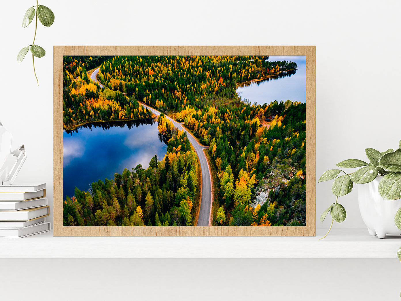 Road & Autumn Forest In Finland Glass Framed Wall Art, Ready to Hang Quality Print Without White Border Oak