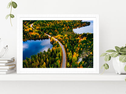 Road & Autumn Forest In Finland Glass Framed Wall Art, Ready to Hang Quality Print With White Border White