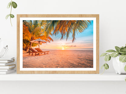 Sunset Over The Paradise Beach Glass Framed Wall Art, Ready to Hang Quality Print With White Border Oak