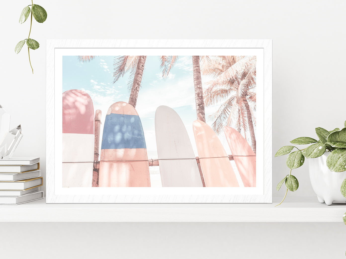 Surf Boards & Palm Trees Beach Faded Photograph Glass Framed Wall Art, Ready to Hang Quality Print With White Border White