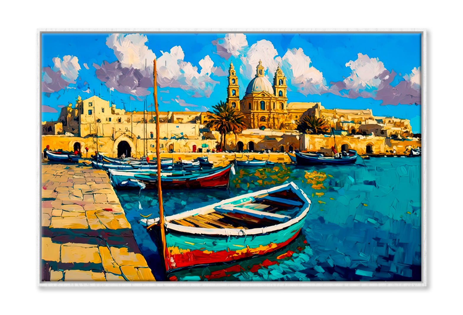 Cityscape View From Marsaxlokk, Malta Oil Painting Wall Art Limited Edition High Quality Print Canvas Box Framed White