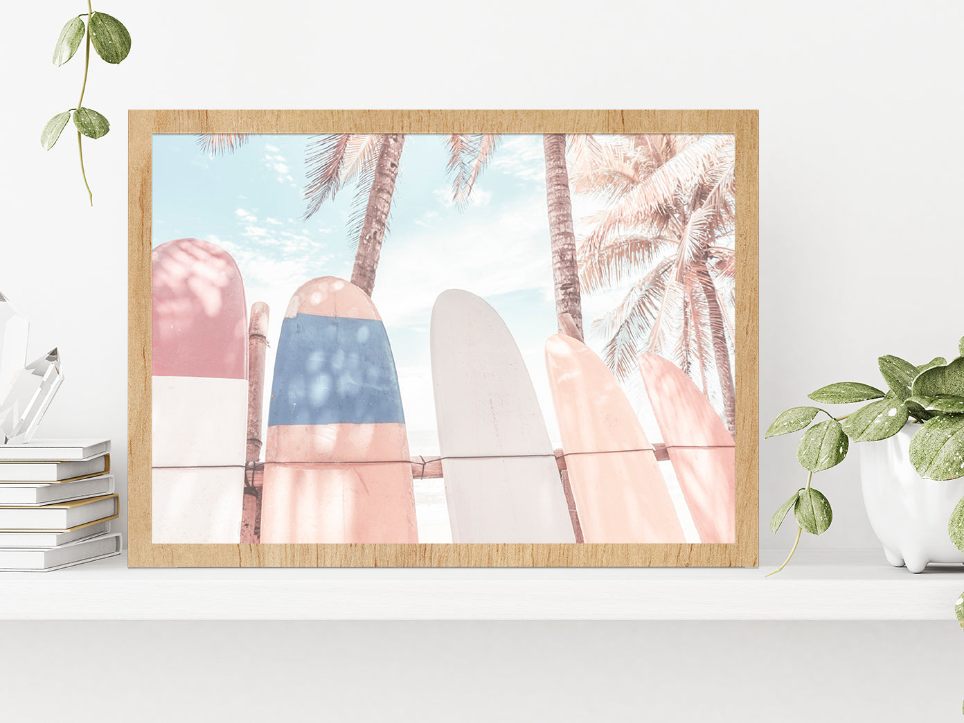 Surf Boards & Palm Trees Beach Faded Photograph Glass Framed Wall Art, Ready to Hang Quality Print Without White Border Oak