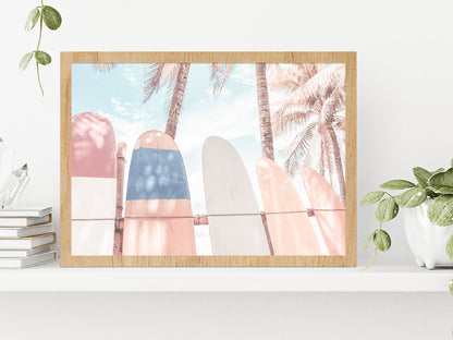 Surf Boards & Palm Trees Beach Faded Photograph Glass Framed Wall Art, Ready to Hang Quality Print Without White Border Oak