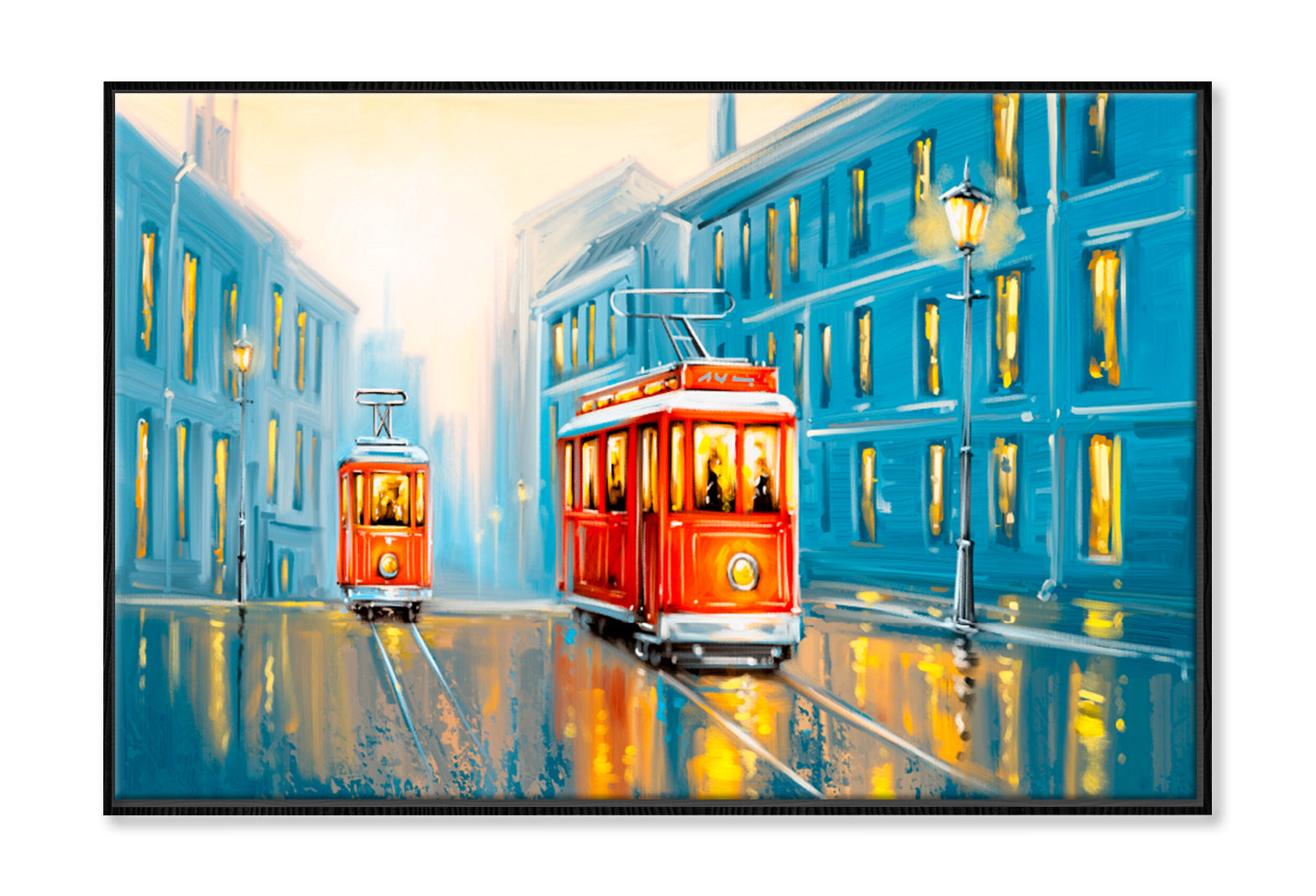 Old Tram In Old City Oil Painting Wall Art Limited Edition High Quality Print Canvas Box Framed Black