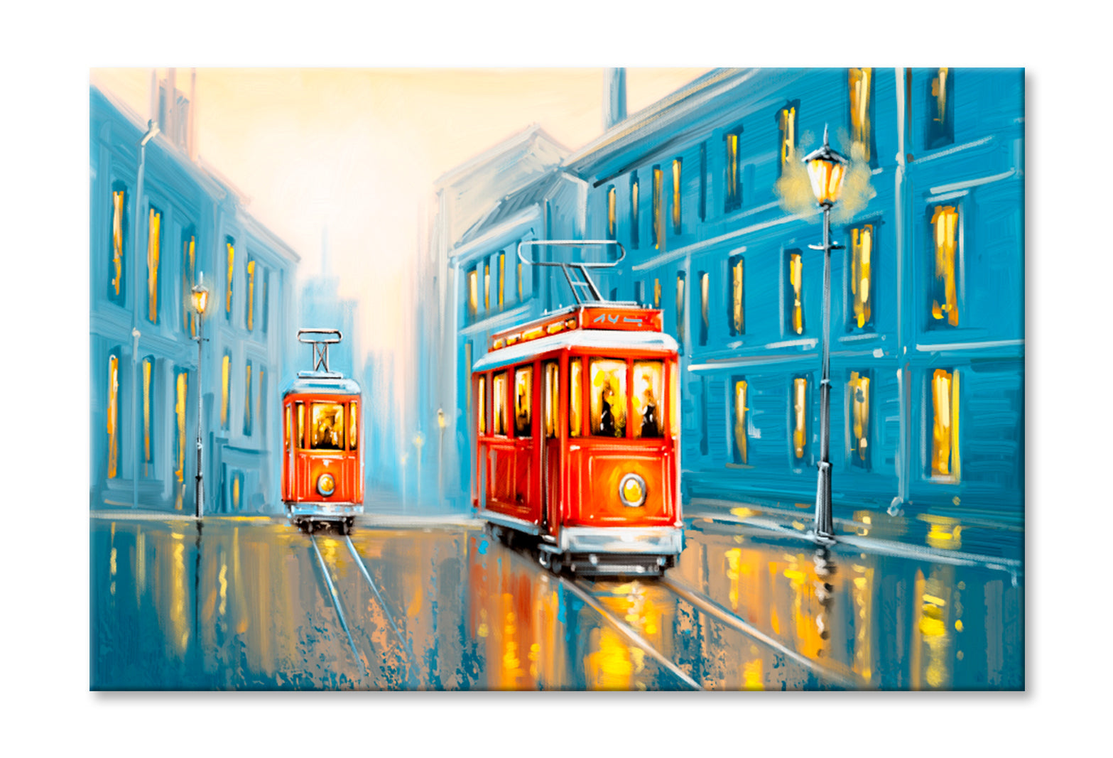 Old Tram In Old City Oil Painting Wall Art Limited Edition High Quality Print Stretched Canvas None