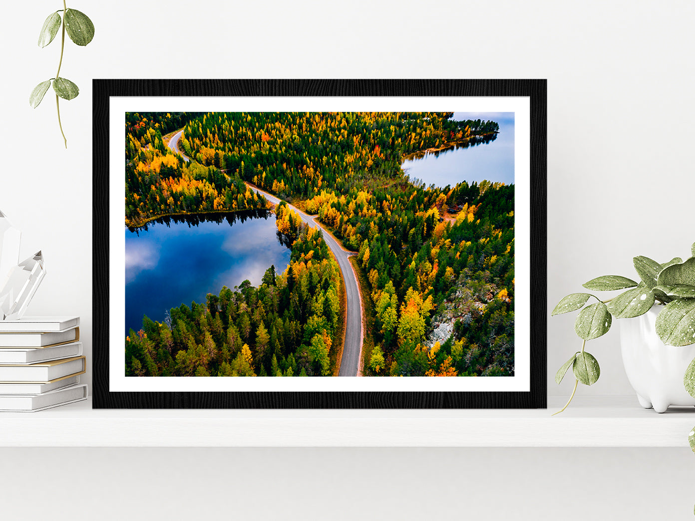 Road & Autumn Forest In Finland Glass Framed Wall Art, Ready to Hang Quality Print With White Border Black