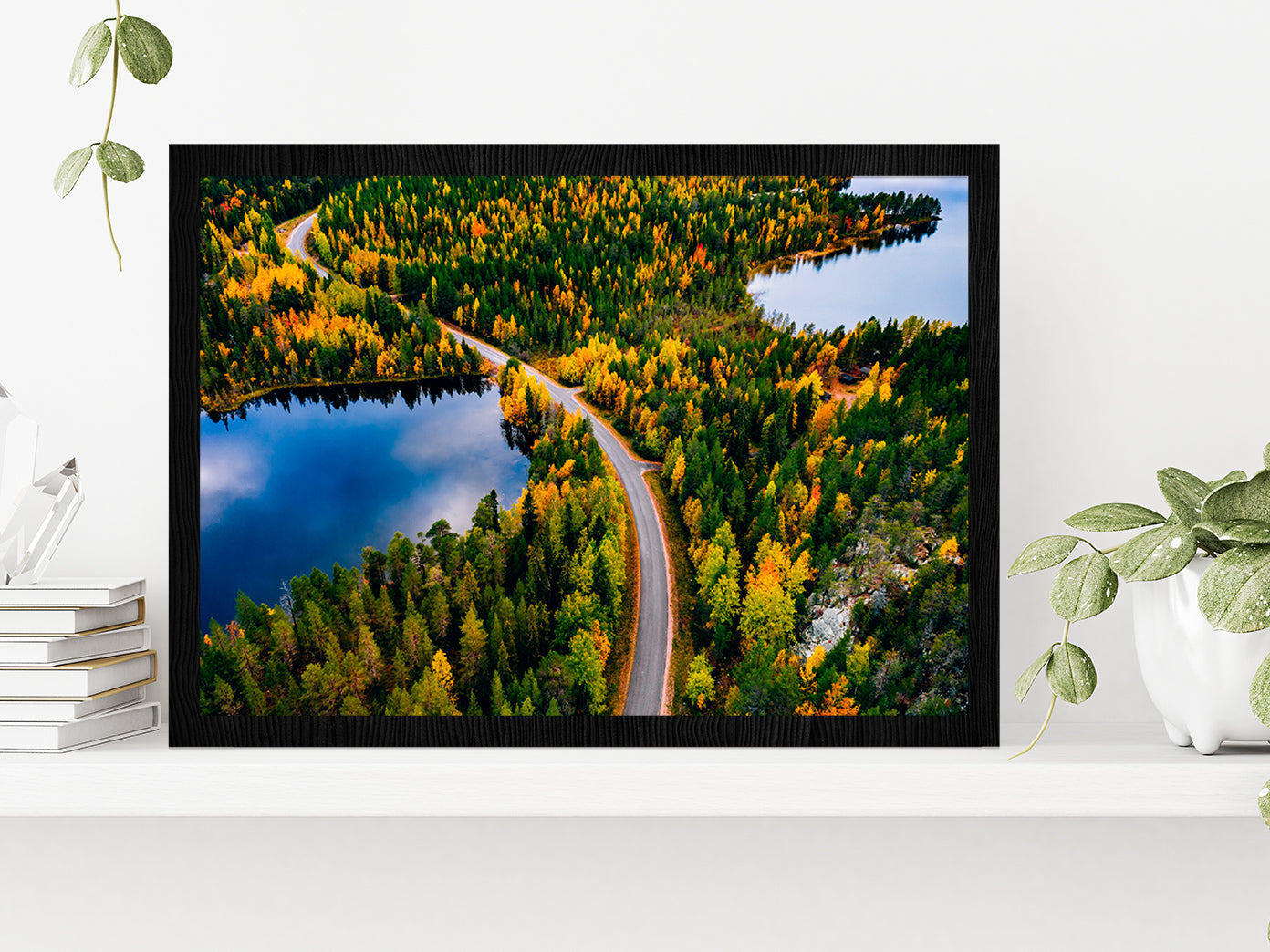 Road & Autumn Forest In Finland Glass Framed Wall Art, Ready to Hang Quality Print Without White Border Black