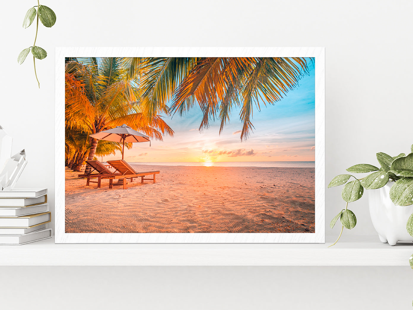 Sunset Over The Paradise Beach Glass Framed Wall Art, Ready to Hang Quality Print Without White Border White