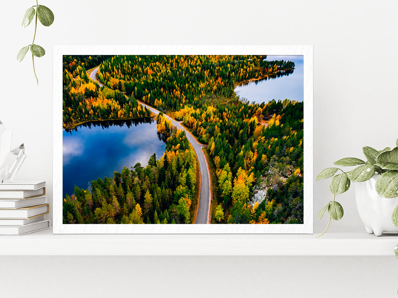 Road & Autumn Forest In Finland Glass Framed Wall Art, Ready to Hang Quality Print Without White Border White