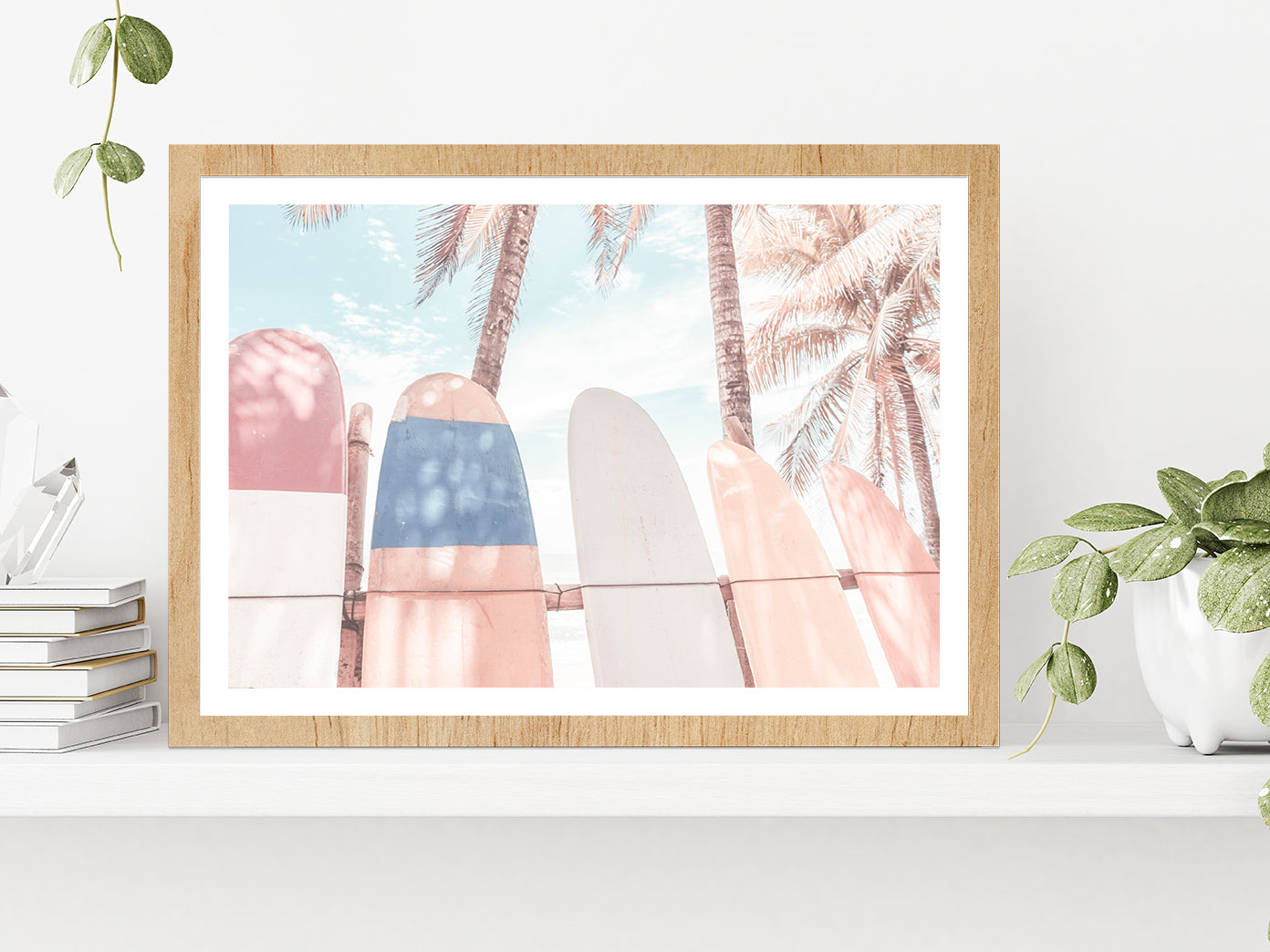 Surf Boards & Palm Trees Beach Faded Photograph Glass Framed Wall Art, Ready to Hang Quality Print With White Border Oak