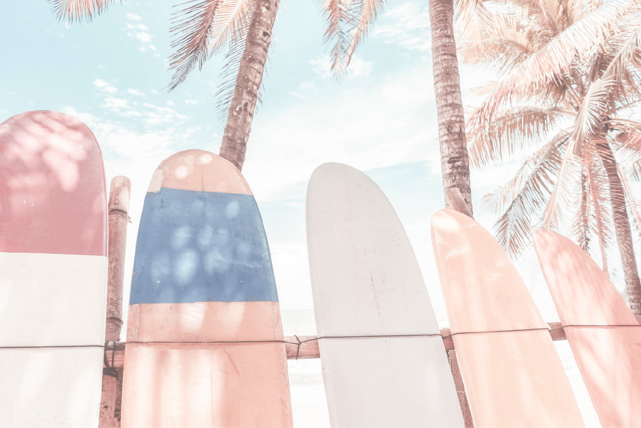 Surf Boards & Palm Trees Beach Faded Photograph Glass Framed Wall Art, Ready to Hang Quality Print