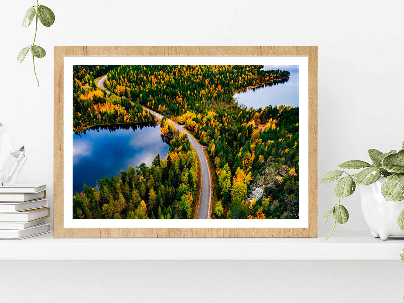 Road & Autumn Forest In Finland Glass Framed Wall Art, Ready to Hang Quality Print With White Border Oak