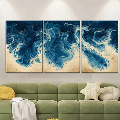 3pcs Cream and Blue Abstract Marbling Metal Print Ready to Hang Art