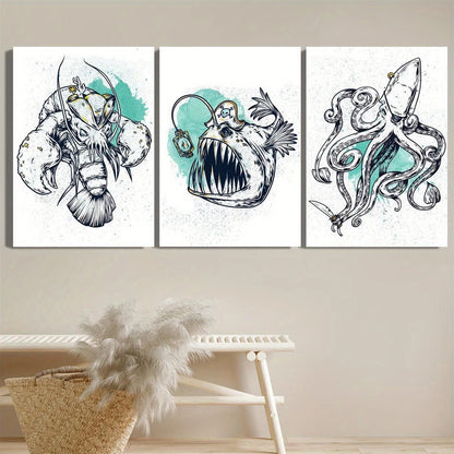 3pcs Abstract Pirate Lobster & Octopus Design Metal Print Ready to Hang Art