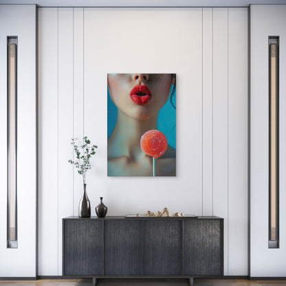 Woman With Red Lips Holding Lollipop 60x90cm Metal Print Ready to Hang