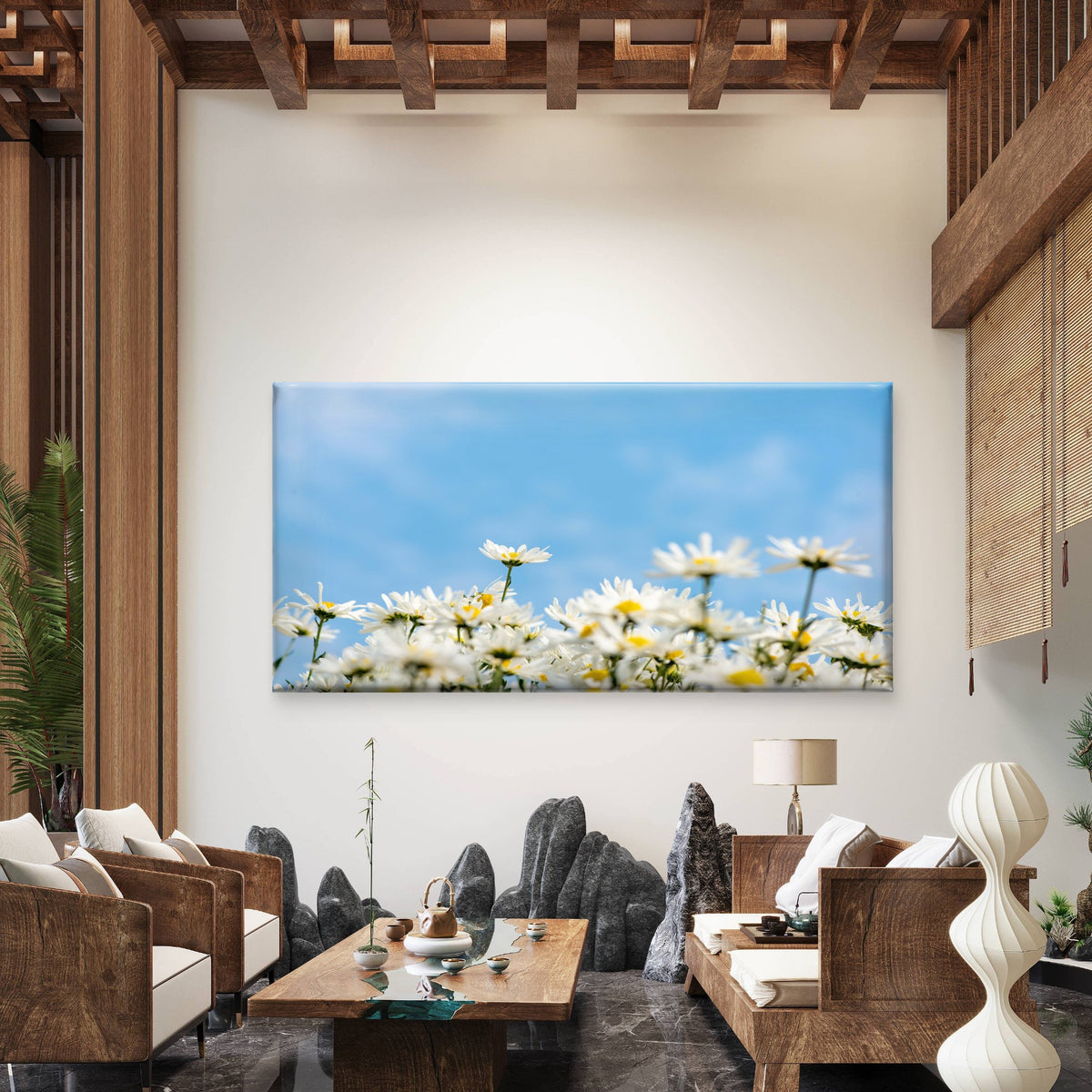 White Daisies Sunny Sky Wall Art Canvas Office Home Room Framed 120x60cm