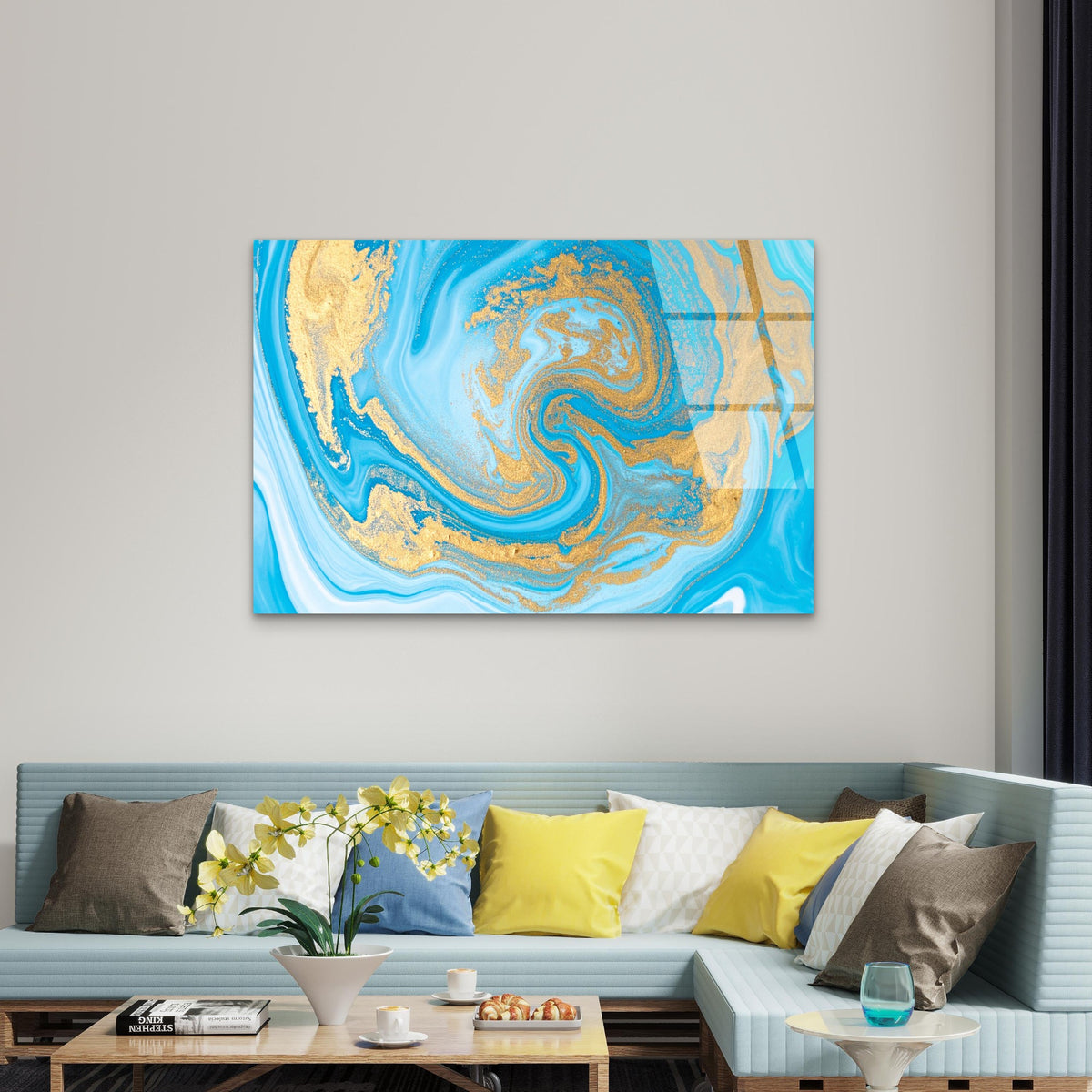 Abstract Turquoise Blue Fluid Alcohol Acrylic Glass Printing Wall Art Australian Made Quality