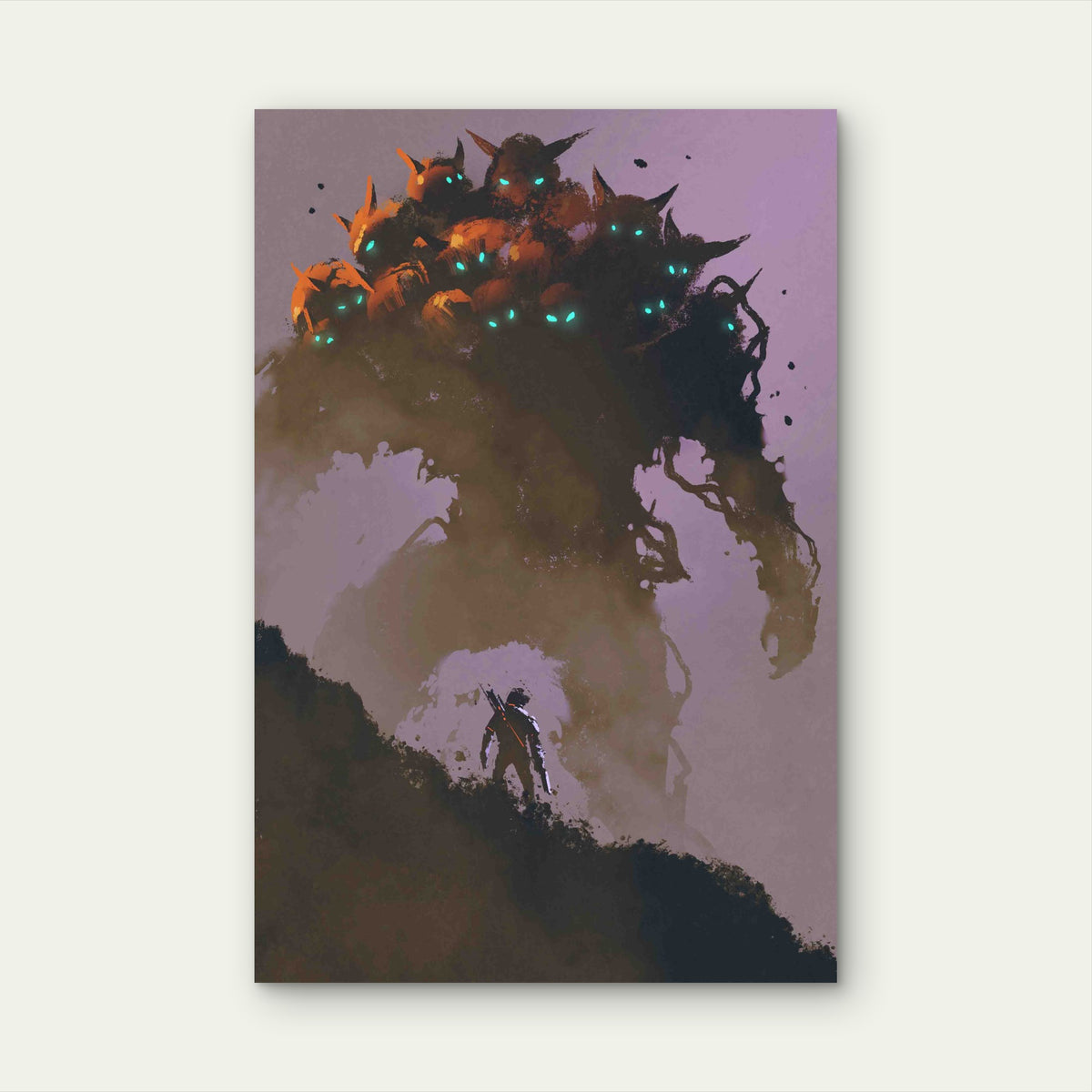 Warrior Facing Giant Multi-head Monster 60x90cm Metal Print Ready to Hang