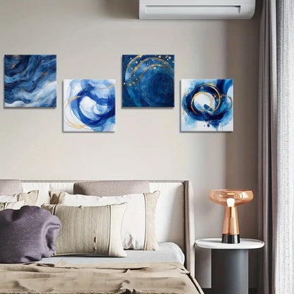 4pcs TBlue and Golden Swirls, Modern SM   Wall Art Canvas Framed