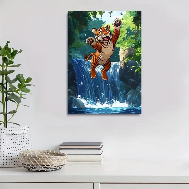 Cartoon Tiger Jumping Joyfully Over Crystal 40x60cm Metal Print Ready to Hang