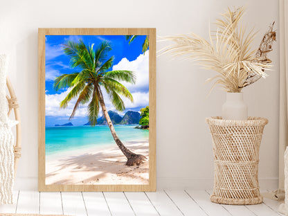 Sandy Beach & Palm Tree with Blue Sky View Glass Framed Wall Art, Ready to Hang Quality Print Without White Border Oak