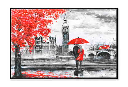 River & Bus On Bridge, Man & Woman Under A Red Umbrella, Street View Of London Oil Painting Wall Art Limited Edition High Quality Print Canvas Box Framed Black