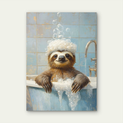 Funny Sloth Bathtub Bubbles 60x90cm Metal Print Ready to Hang