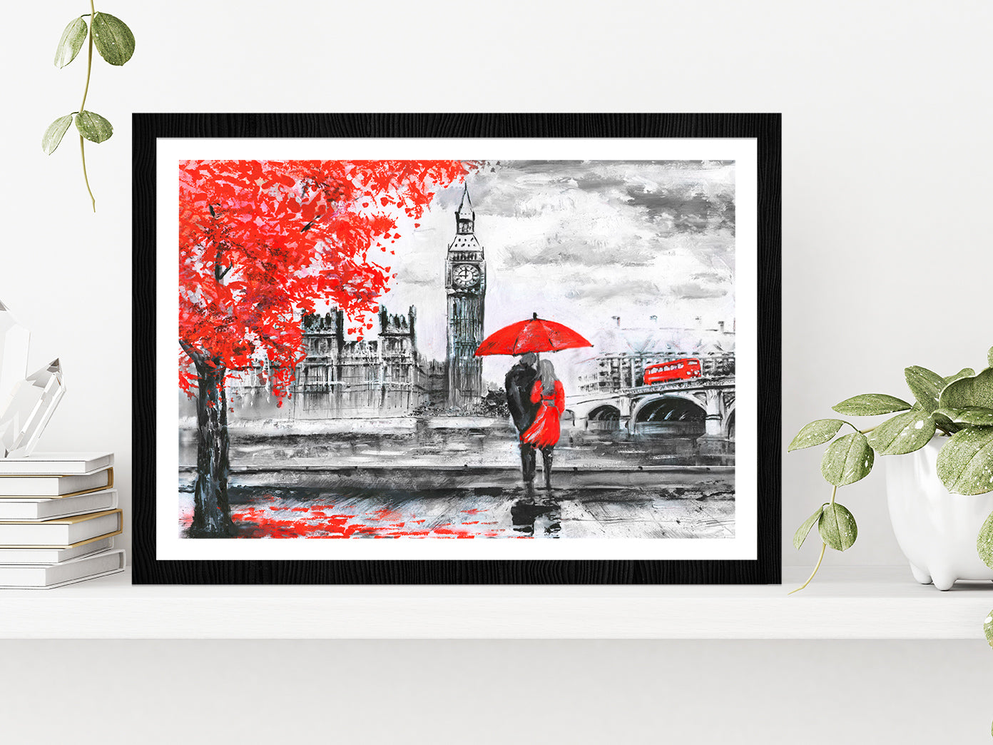 River & Bus On Bridge, Man & Woman Under A Red Umbrella, Street View Of London Glass Framed Wall Art, Ready to Hang Quality Print With White Border Black