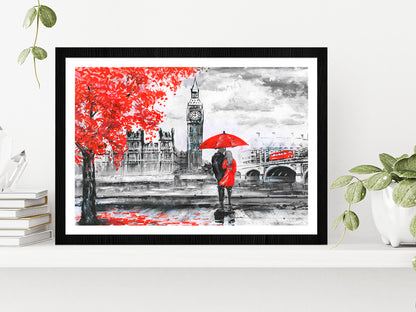 River & Bus On Bridge, Man & Woman Under A Red Umbrella, Street View Of London Glass Framed Wall Art, Ready to Hang Quality Print With White Border Black