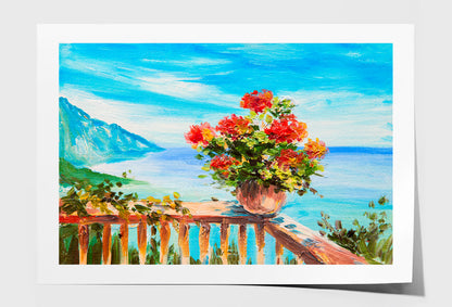 Bouquet Of Flowers & Sea, Coast Near The Mountains Oil Painting Wall Art Limited Edition High Quality Print Unframed Roll Canvas None