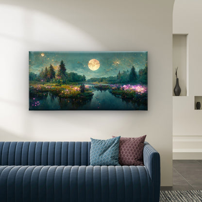 Magical Moonlit Forest Lake Wall Art Canvas Office Home Room Framed 120x60cm