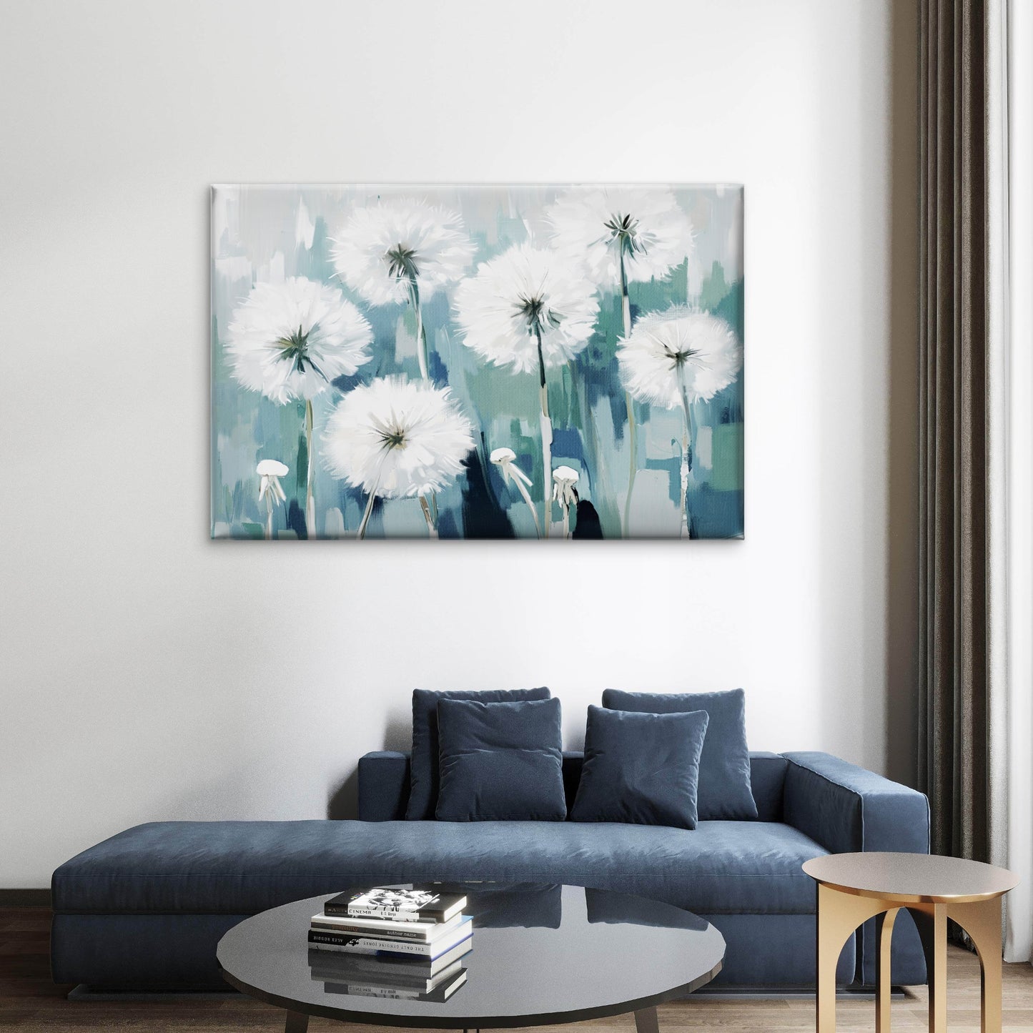 Oil Painting of White Dandelion Blue Green Abstract Wall Art Decor 100% Australian Made
