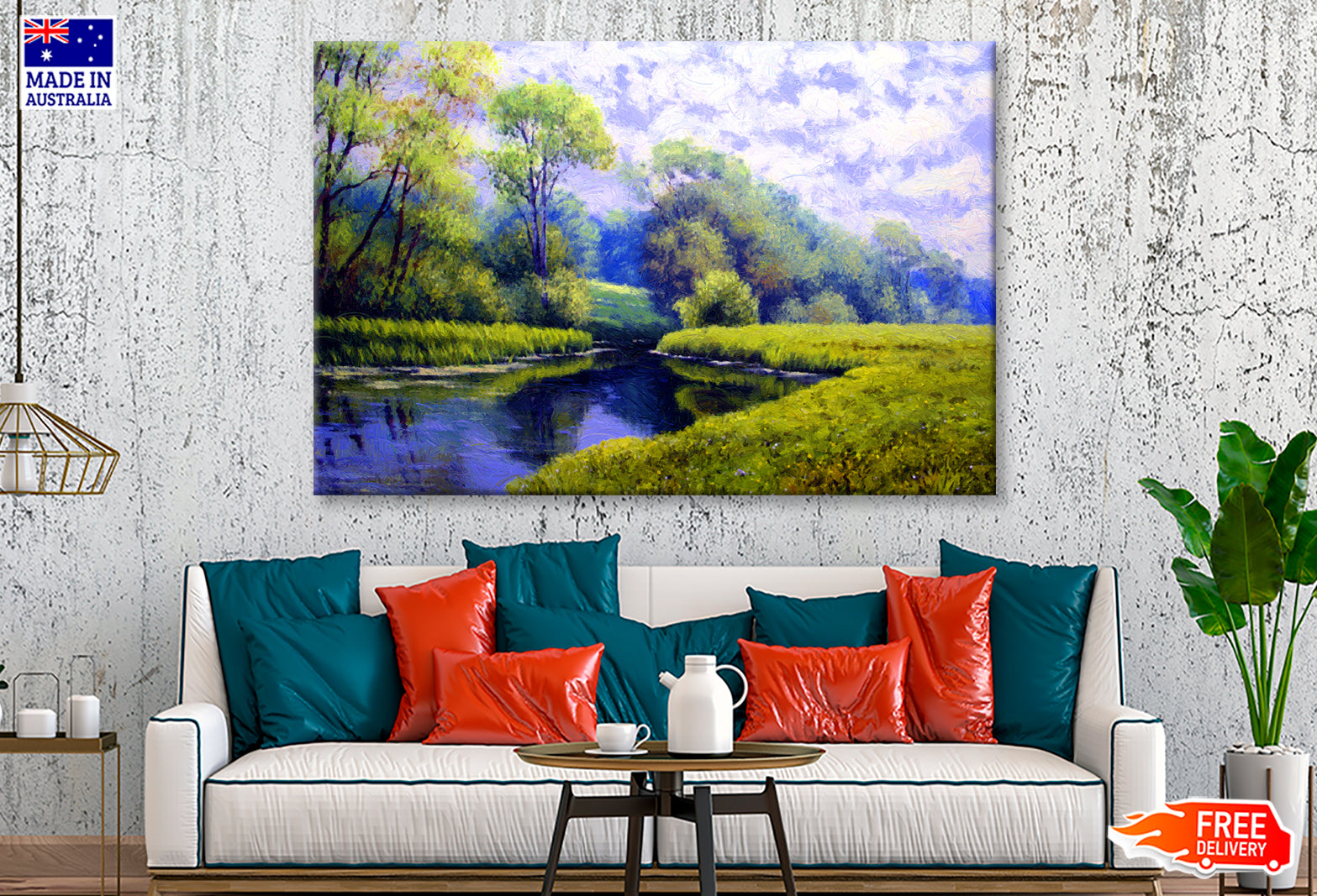 Green Grass Field & Trees near River Oil Painting Wall Art Limited Edition High Quality Print