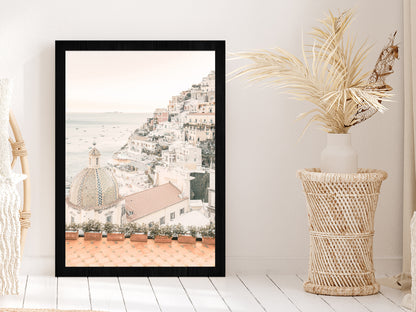 Sea & Houses Skyline Faded Photograph Glass Framed Wall Art, Ready to Hang Quality Print Without White Border Black