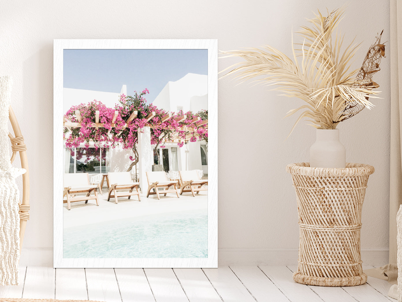 Pink Flowers Tree on House Faded Photograph Glass Framed Wall Art, Ready to Hang Quality Print Without White Border White