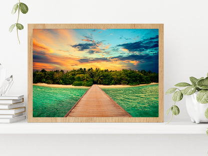 Tropical Island & Blue Orange Sky Glass Framed Wall Art, Ready to Hang Quality Print Without White Border Oak