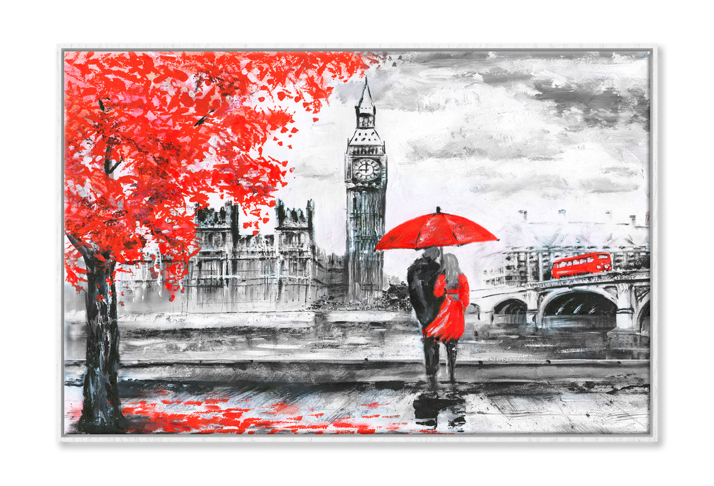 River & Bus On Bridge, Man & Woman Under A Red Umbrella, Street View Of London Oil Painting Wall Art Limited Edition High Quality Print Canvas Box Framed White