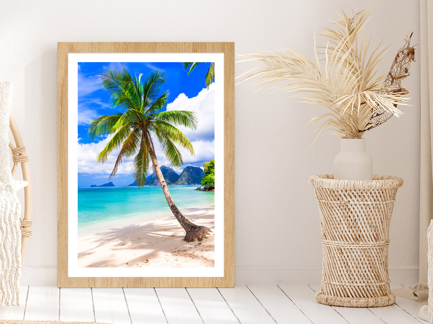 Sandy Beach & Palm Tree with Blue Sky View Glass Framed Wall Art, Ready to Hang Quality Print With White Border Oak