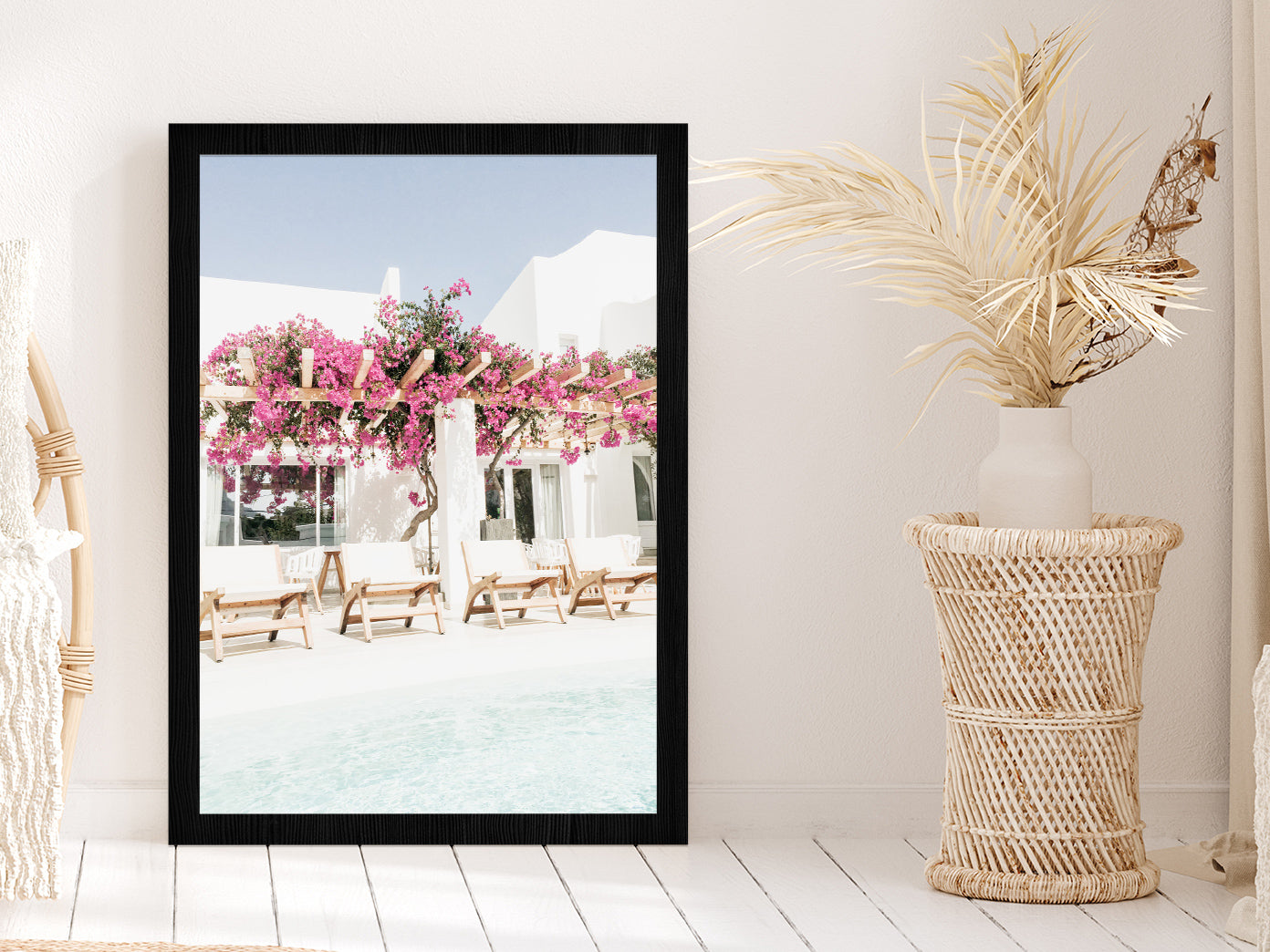 Pink Flowers Tree on House Faded Photograph Glass Framed Wall Art, Ready to Hang Quality Print Without White Border Black