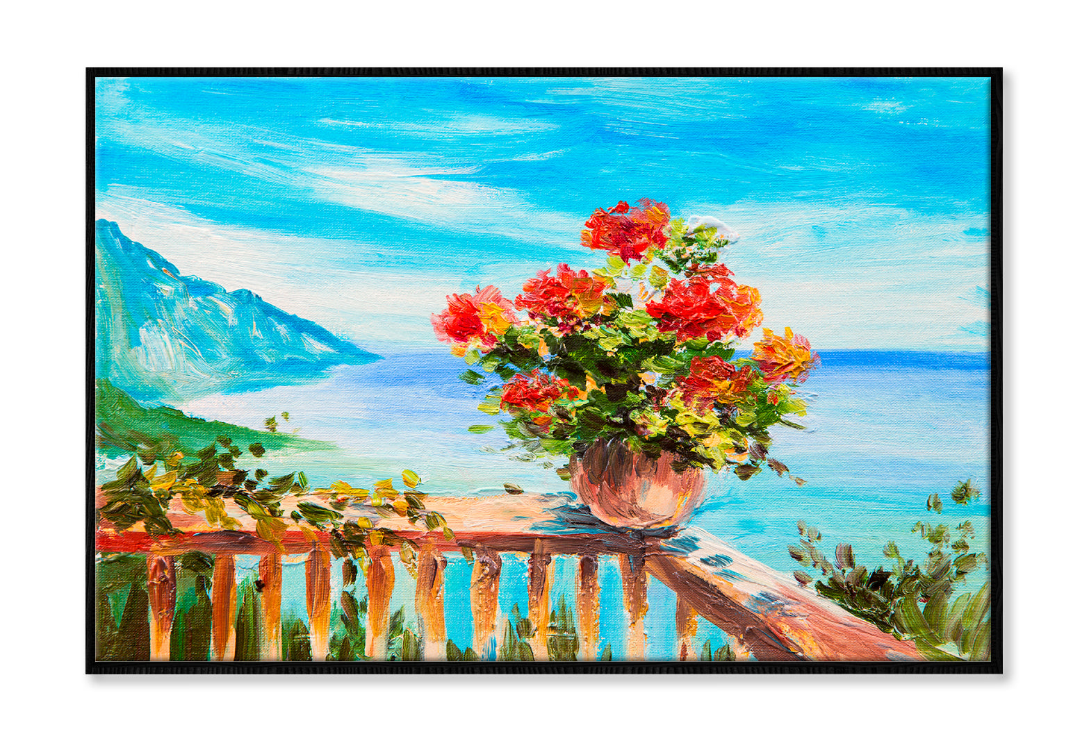 Bouquet Of Flowers & Sea, Coast Near The Mountains Oil Painting Wall Art Limited Edition High Quality Print Canvas Box Framed Black