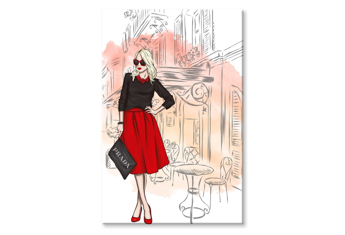 Red Shade Fashion Store with Lady Wall Art Limited Edition High Quality Print Stretched Canvas None