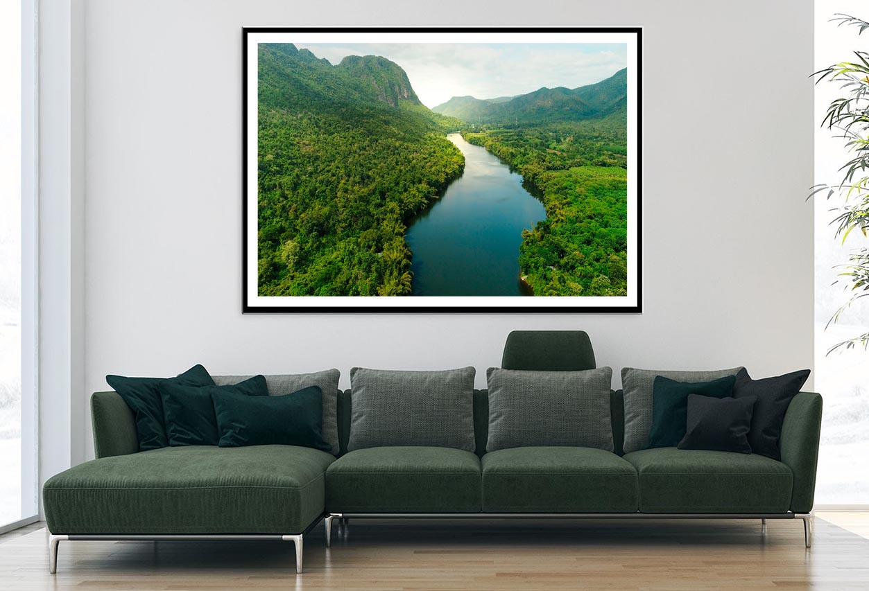 Aerial View Of River in Tropical Green Forest with Mountains in Background Home Decor Premium Quality Poster Print Choose Your Sizes