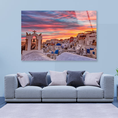 Santorini In Greece with Sunset Acrylic Glass Print Tempered Glass Wall Art 100% Made in Australia Ready to Hang