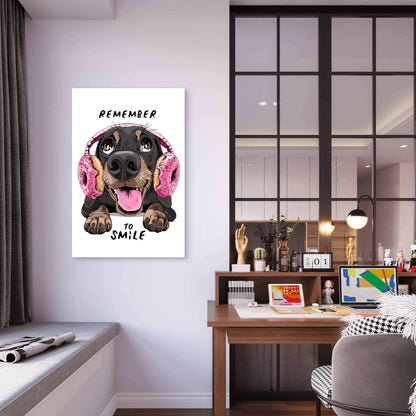 Smile Puppy Dog Pink Donut Headphones 60x90cm Metal Print Ready to Hang